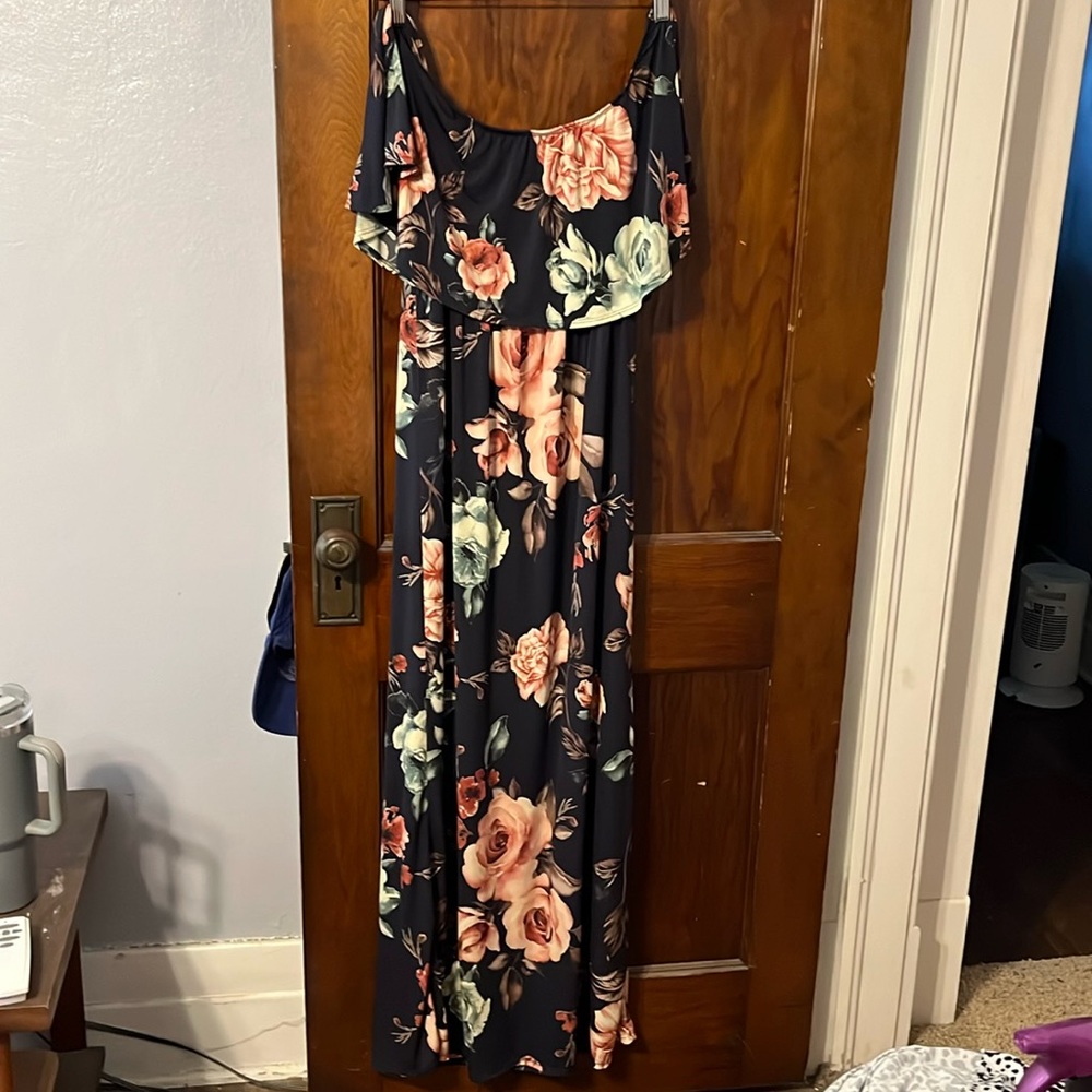 Blue floral print off the shoulder maxi dress